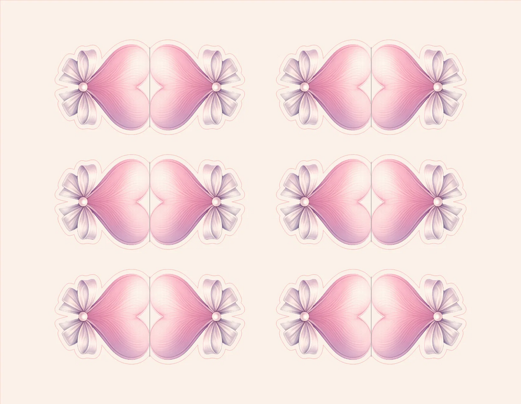 Six pink heart-shaped decorative motifs arranged in a 3-by-2 grid on a pale cream background, each with a small white flower-like accent at the corners.