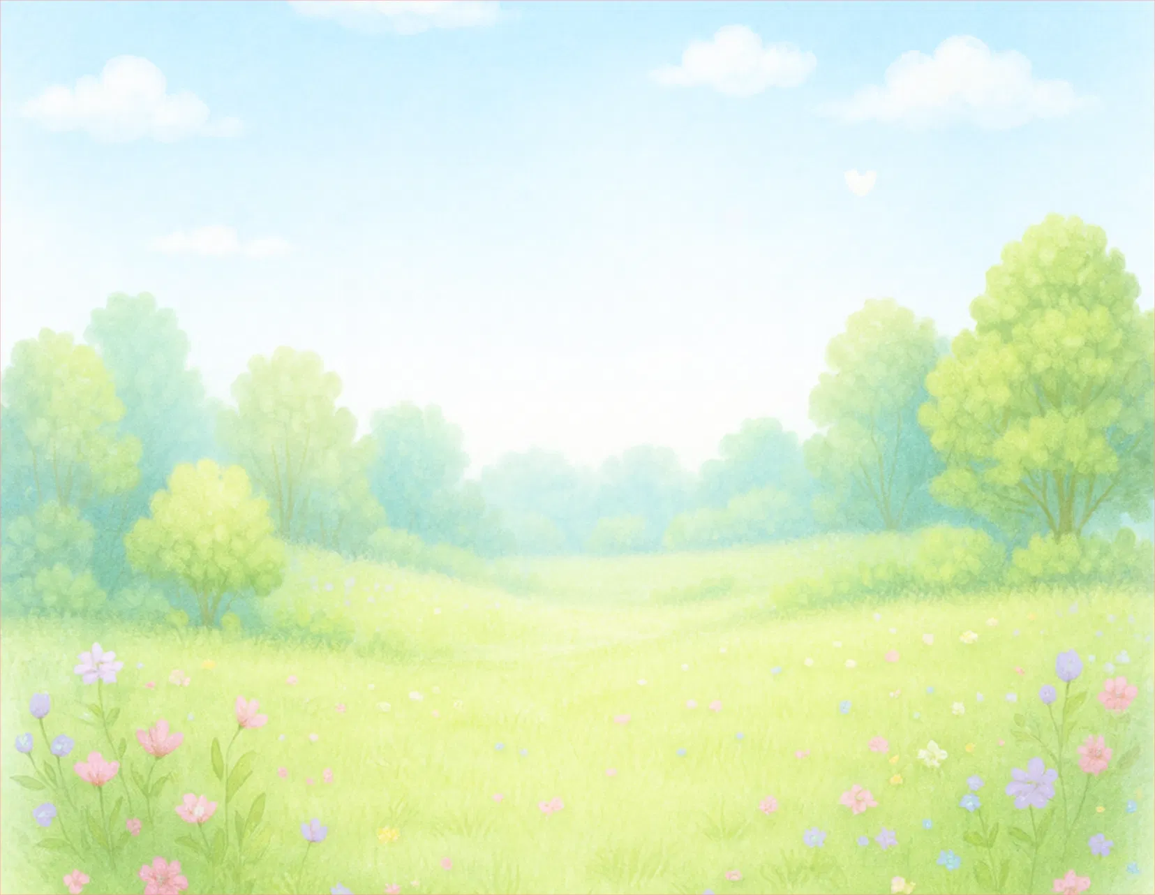 A pastel landscape illustration of a sunlit grassy meadow with scattered pink, purple, and blue flowers, soft green trees, and a pale blue sky with white clouds.