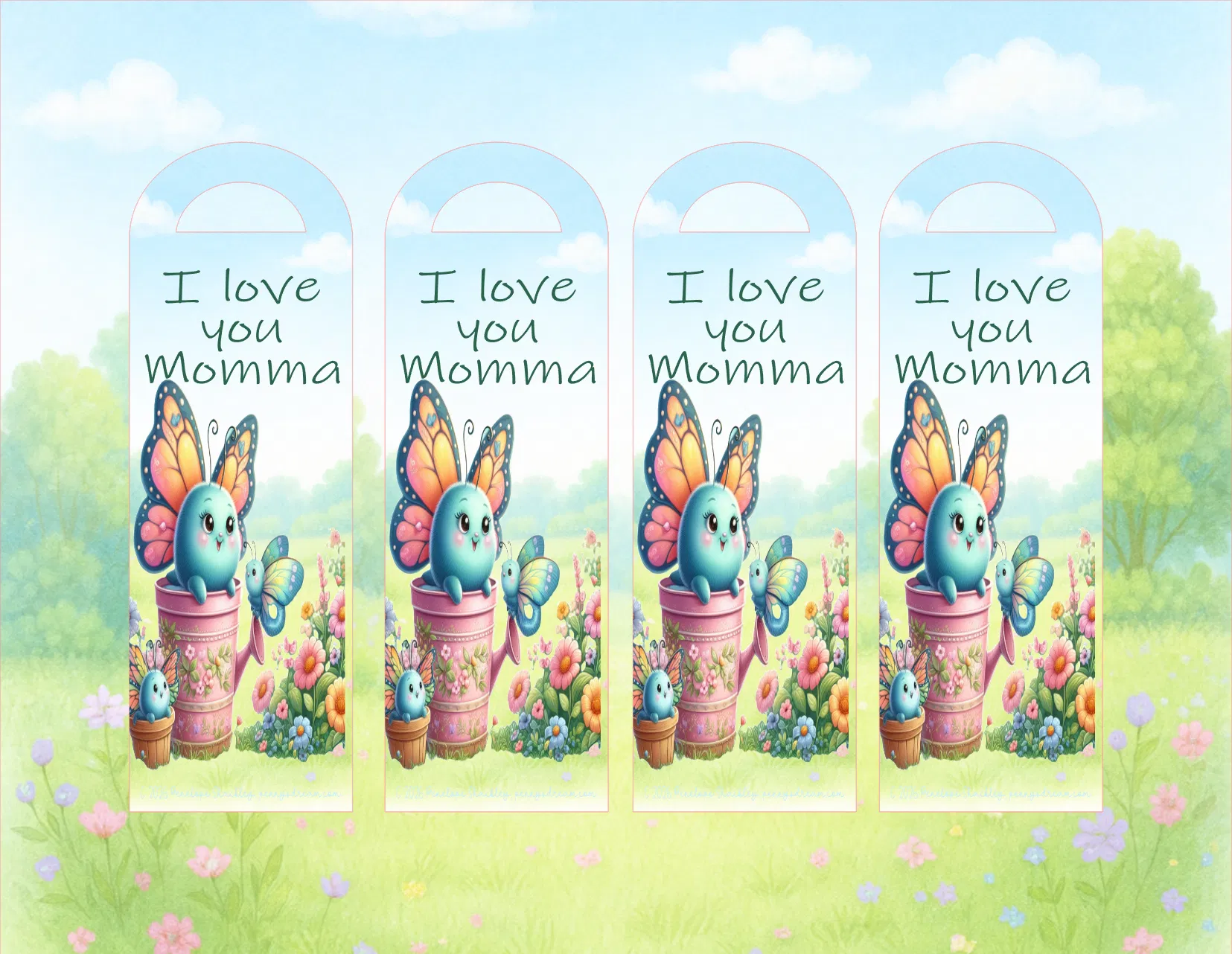 Four identical arched bookmarks shown side by side against a soft pastel outdoor background. Each tag features the phrase 'I love you Momma' in dark green text above an illustration of a blue bunny in a pink flower pot with colorful butterflies and flowers.