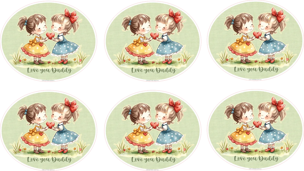 Set of six circular stickers with illustrations of two children holding hearts and the text 'Love you Daddy'.