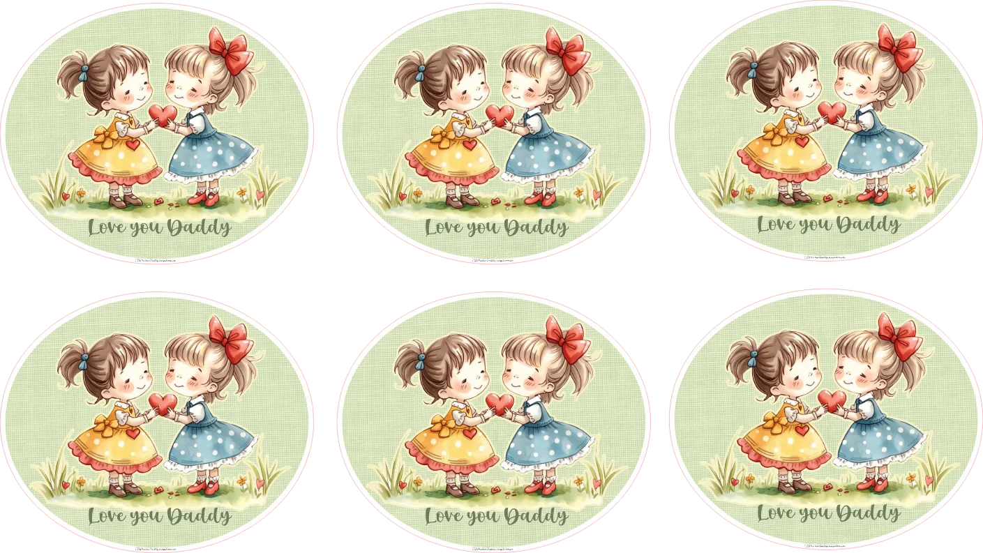 Set of six circular stickers with illustrations of two children holding hearts and the text 'Love you Daddy'.