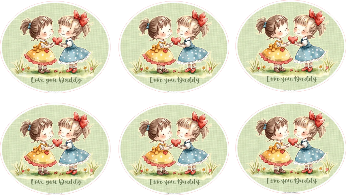 Set of six circular stickers with illustrations of two children holding hearts and the text 'Love you Daddy'.