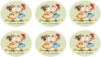 Set of six circular stickers with illustrations of two children holding hearts and the text 'Love you Daddy'.