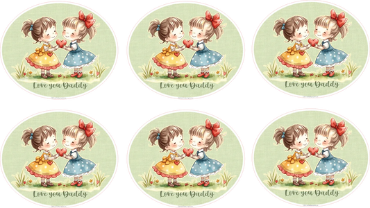 Set of six circular stickers with illustrations of two children holding hearts and the text 'Love you Daddy'.