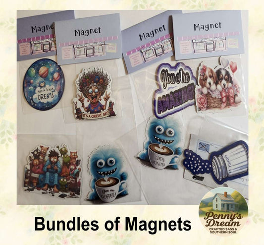 Bundles of various magnets with different designs on a white background.