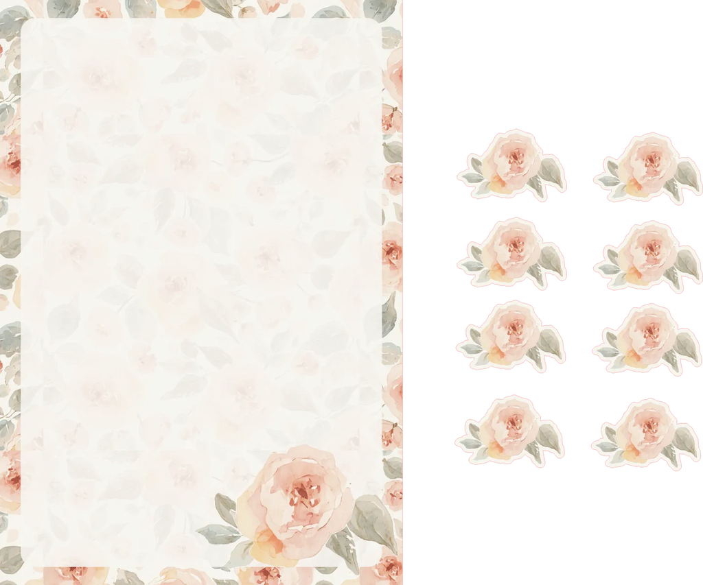Floral patterned paper with a plain sheet on the left and a sheet with a floral pattern on the right.