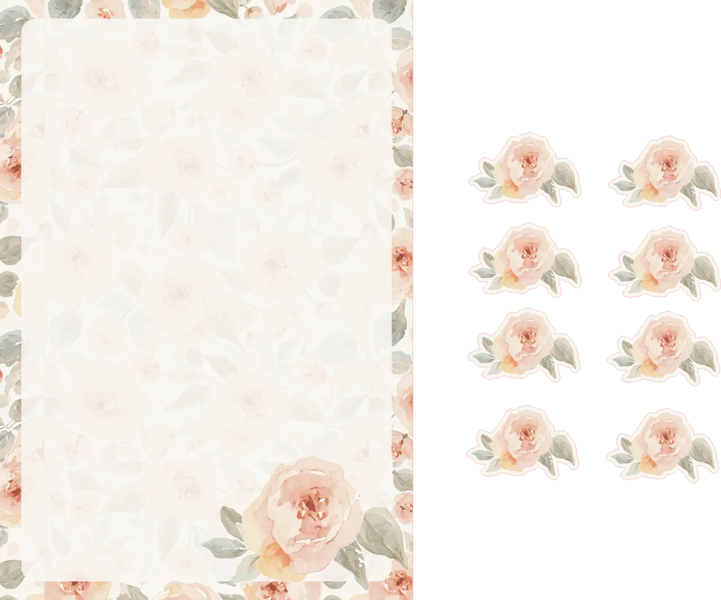 Floral patterned paper with a plain sheet on the left and a sheet with a floral pattern on the right.