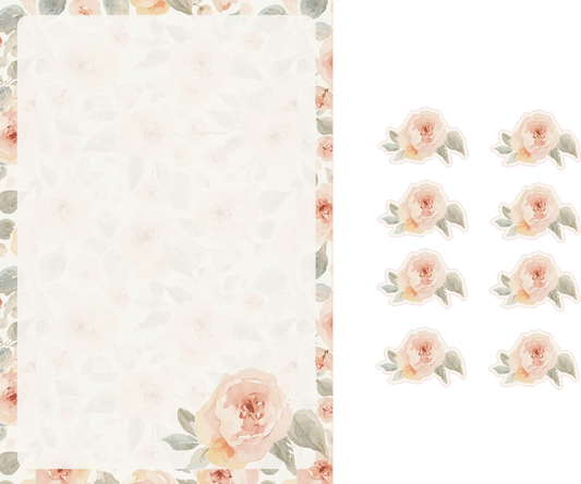 Floral patterned paper with a plain sheet on the left and a sheet with a floral pattern on the right.