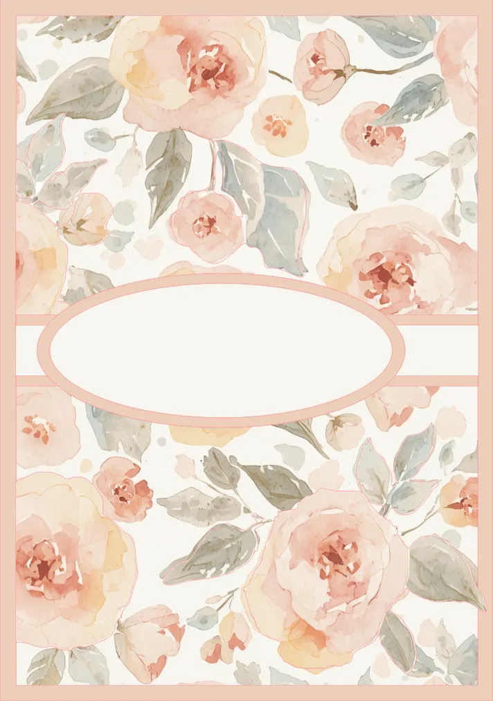 A floral watercolor design with large blush pink and peach roses, muted green leaves, and a pale pink border, with a blank white oval in the center.
