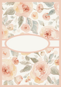 A floral watercolor design with large blush pink and peach roses, muted green leaves, and a pale pink border, with a blank white oval in the center.