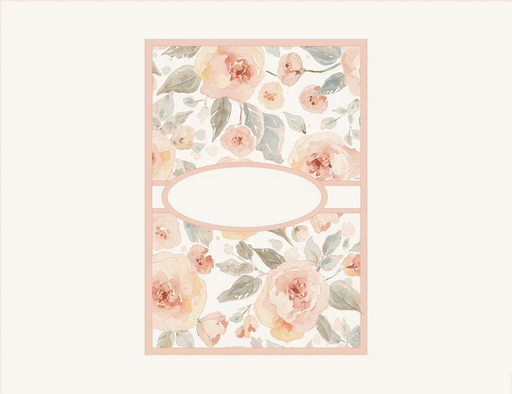 A rectangular floral card or print with a watercolor rose pattern in soft pink, peach, and muted green on a white background, featuring a large blank oval label in the center.