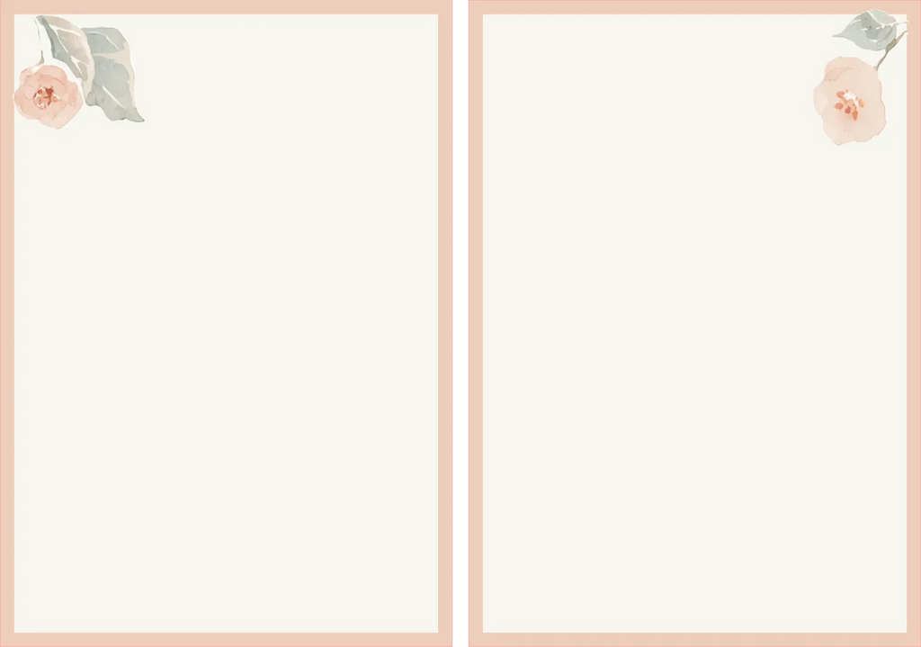A minimalist stationery design with two vertical cream writing panels framed by a soft blush border, each decorated with a small pale pink flower and muted green leaf in the top-left corner.