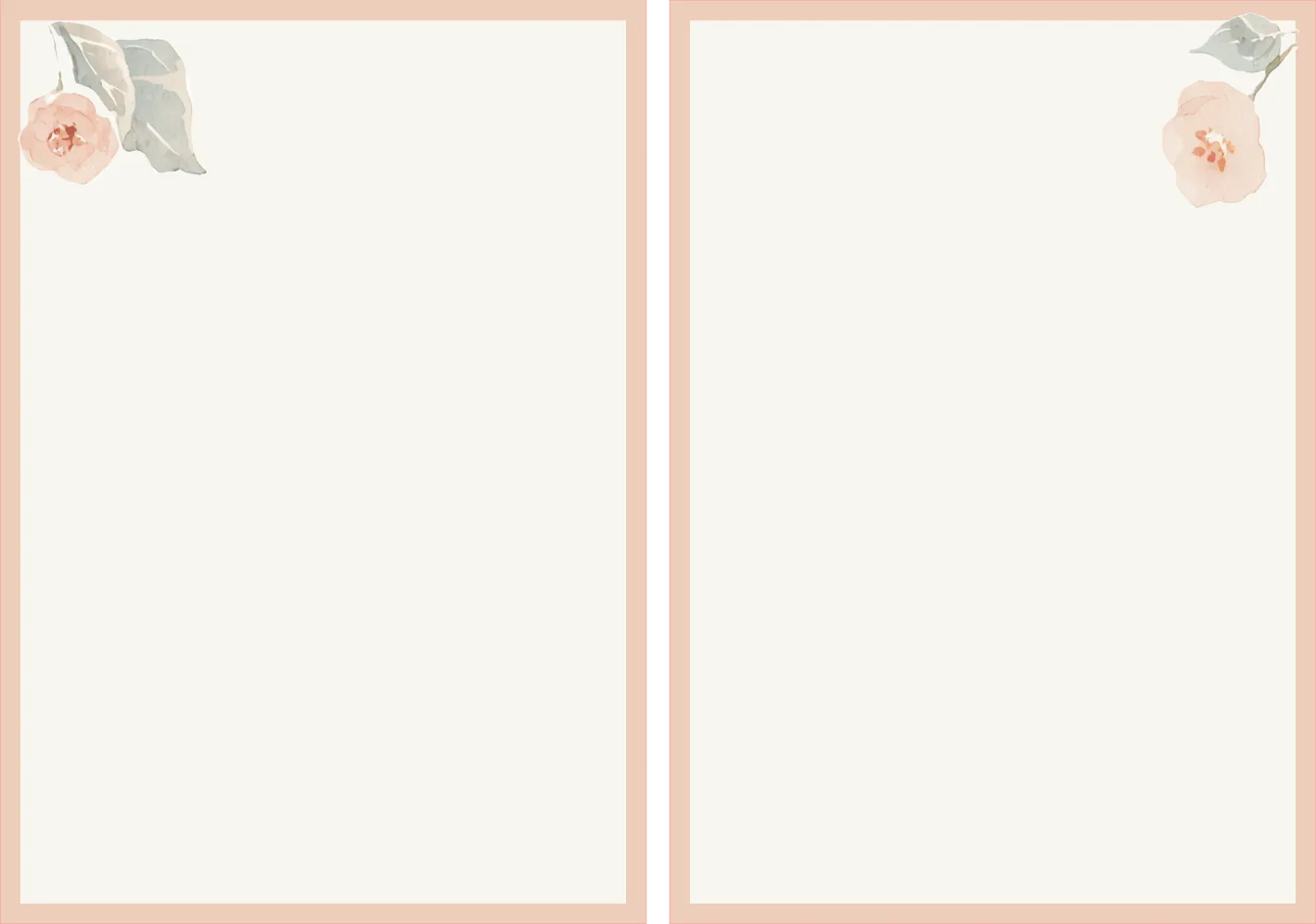 A minimalist stationery design with two vertical cream writing panels framed by a soft blush border, each decorated with a small pale pink flower and muted green leaf in the top-left corner.