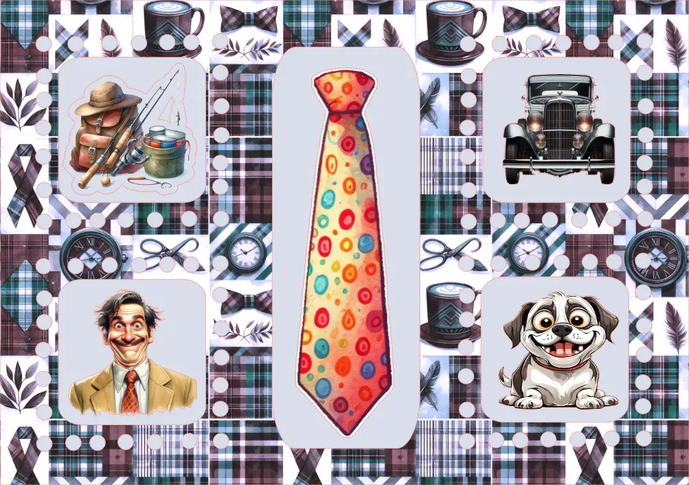 Collage of various images including a colorful tie, vintage car, dog, and other elements on a patterned background.