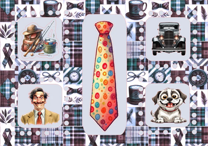 Collage of various images including a colorful tie, vintage car, dog, and other elements on a patterned background.