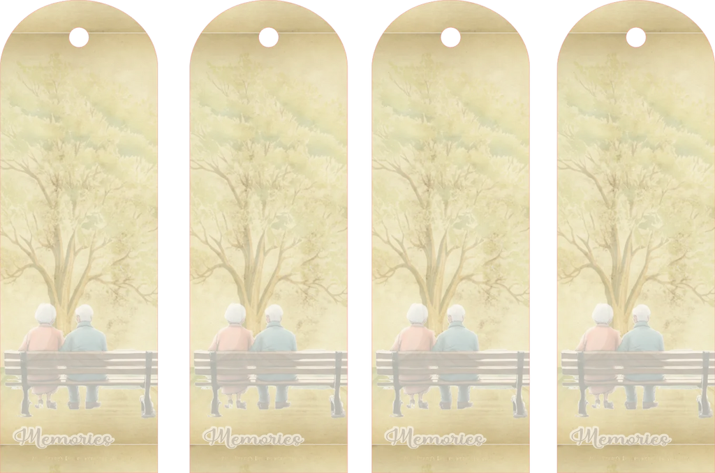 Four identical bookmarks with a design of two people sitting on a bench under a tree, labeled 'Memories'.