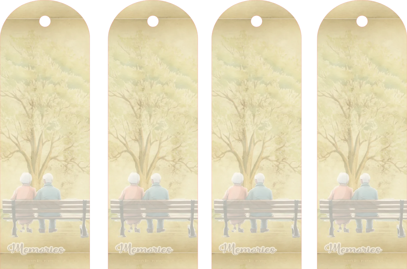 Four identical bookmarks with a design of two people sitting on a bench under a tree, labeled 'Memories'.