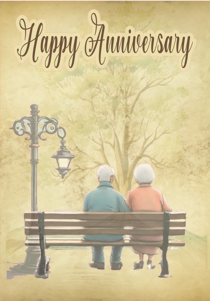 Vintage-style illustration of an elderly couple sitting on a bench under a tree, with 'Happy Anniversary' text above.
