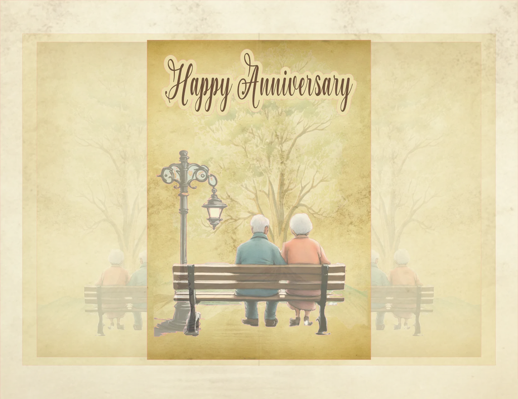 Vintage-style card with two people sitting on a bench under a 'Happy Anniversary' text.