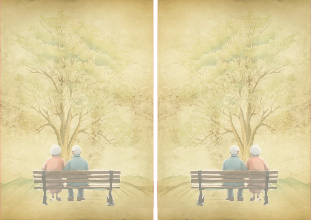 Two panels showing an elderly couple sitting on a bench in a misty forest.