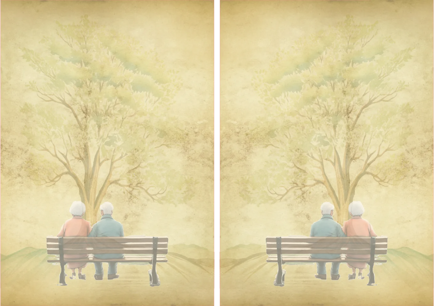 Two panels showing an elderly couple sitting on a bench in a misty forest.