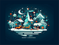 Illustration of a festive Christmas scene with trees, houses, and reindeer on a dark blue background.
