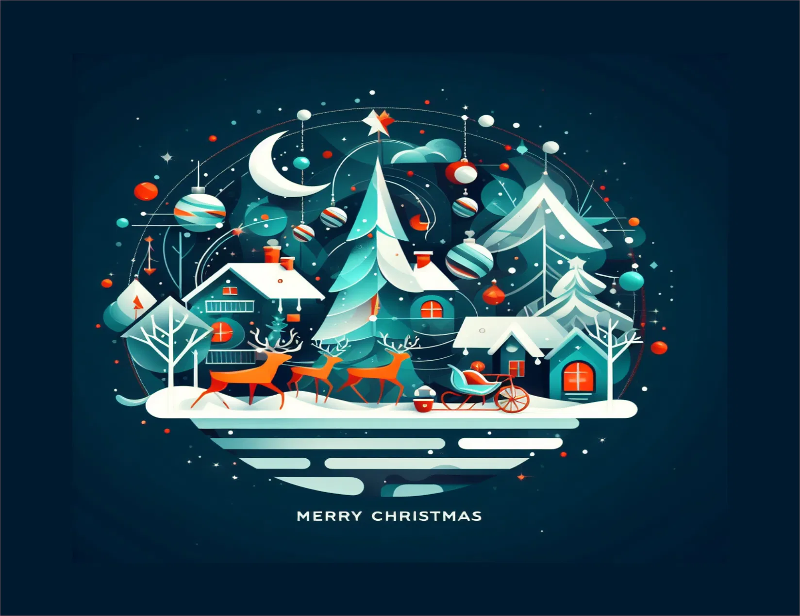 Illustration of a festive Christmas scene with trees, houses, and reindeer on a dark blue background.