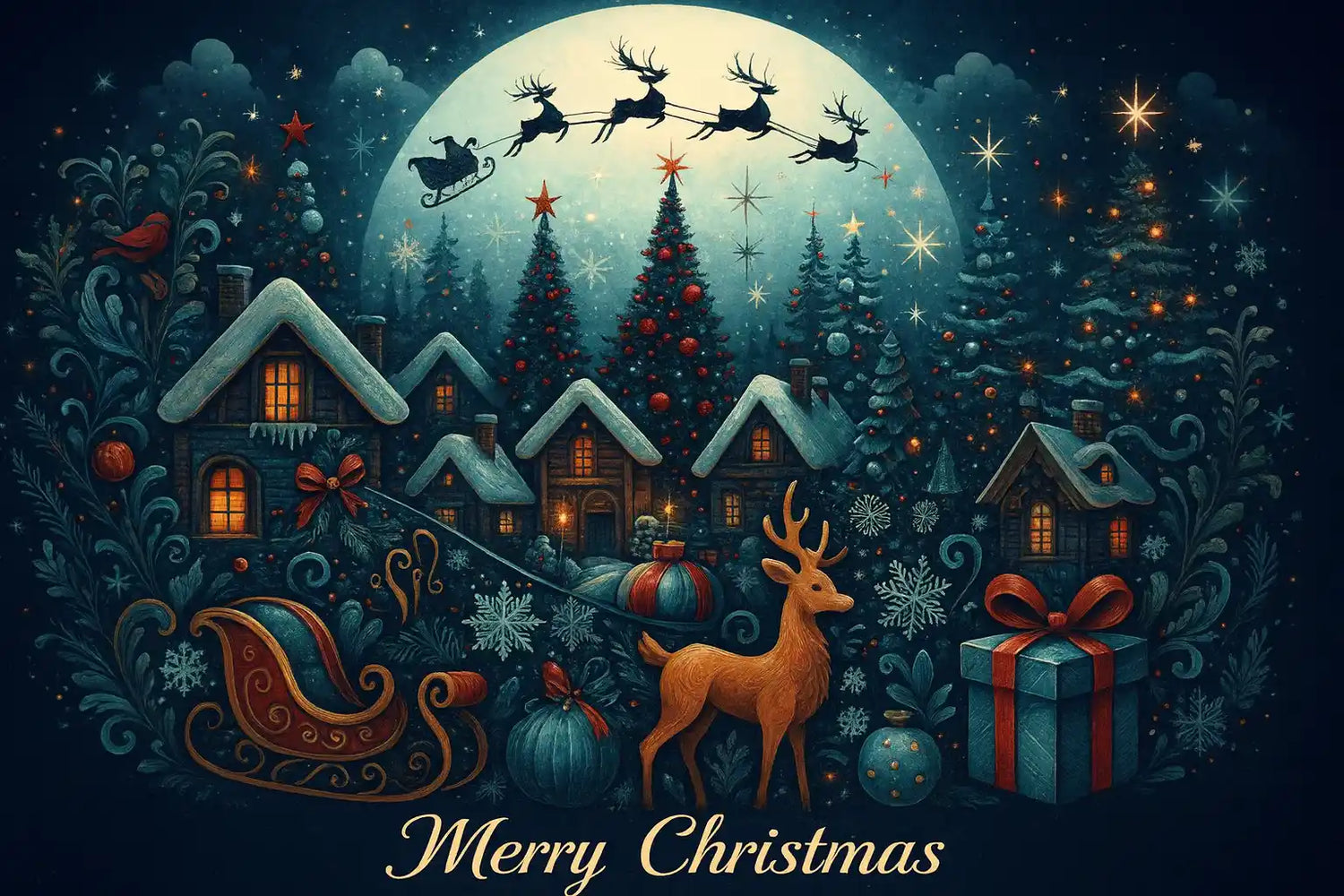 Christmas-themed illustration with Santa Claus in sleigh, reindeer, and festive village.