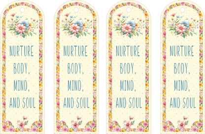 Four floral bookmarks with 'Nurture Body, Mind, and Soul' text on a light background