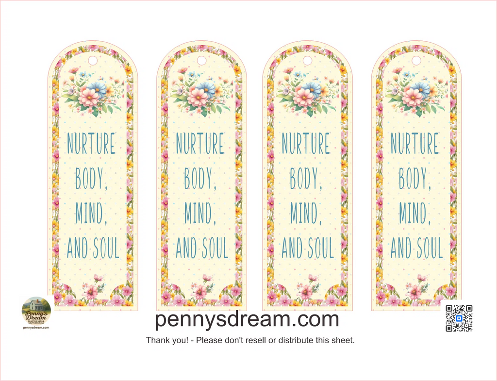 Four floral bookmarks with 'Nurture Body, Mind, and Soul' text on a white background.