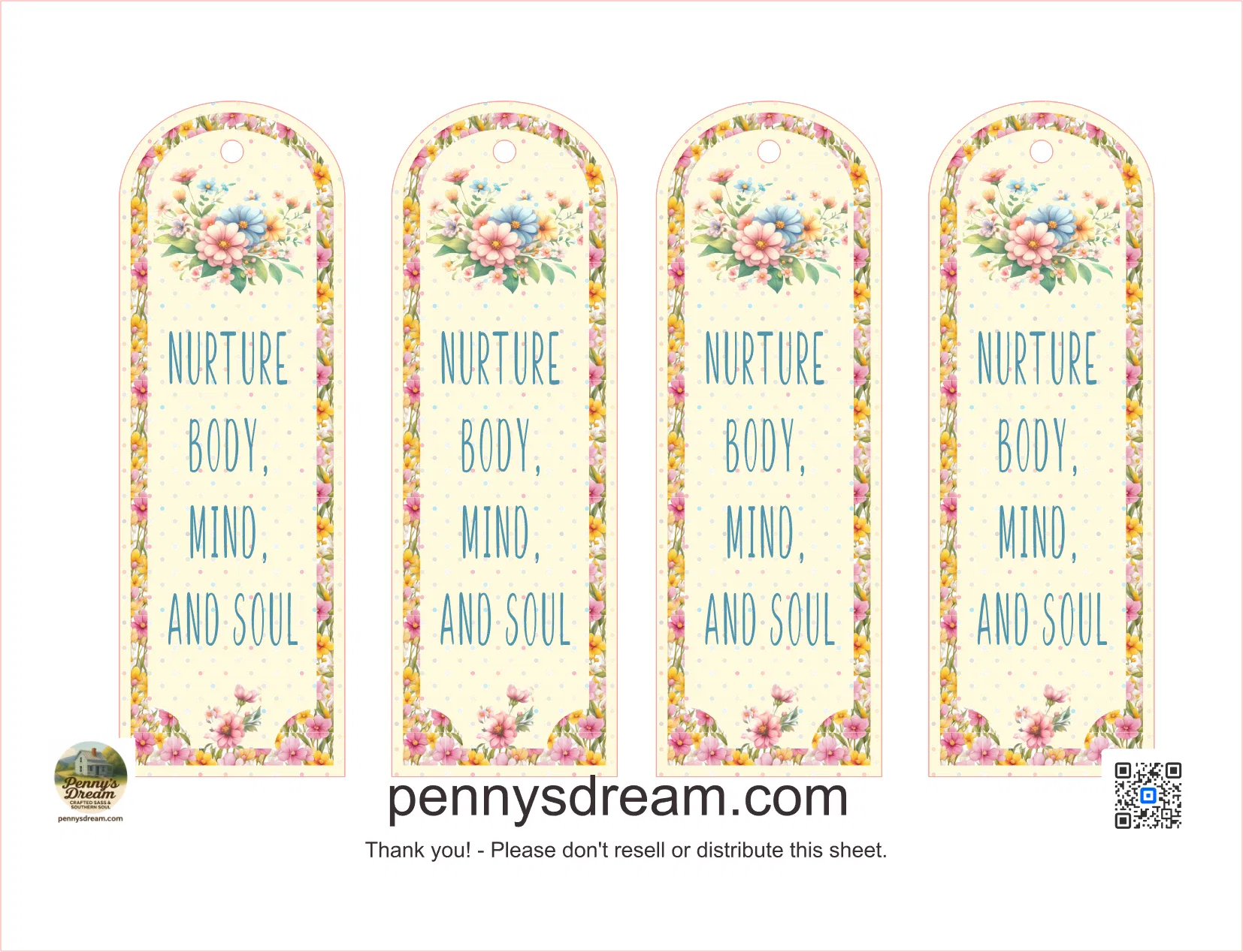 Four floral bookmarks with 'Nurture Body, Mind, and Soul' text on a white background.