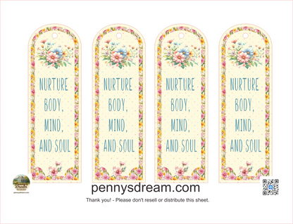 Four floral bookmarks with 'Nurture Body, Mind, and Soul' text on a white background.