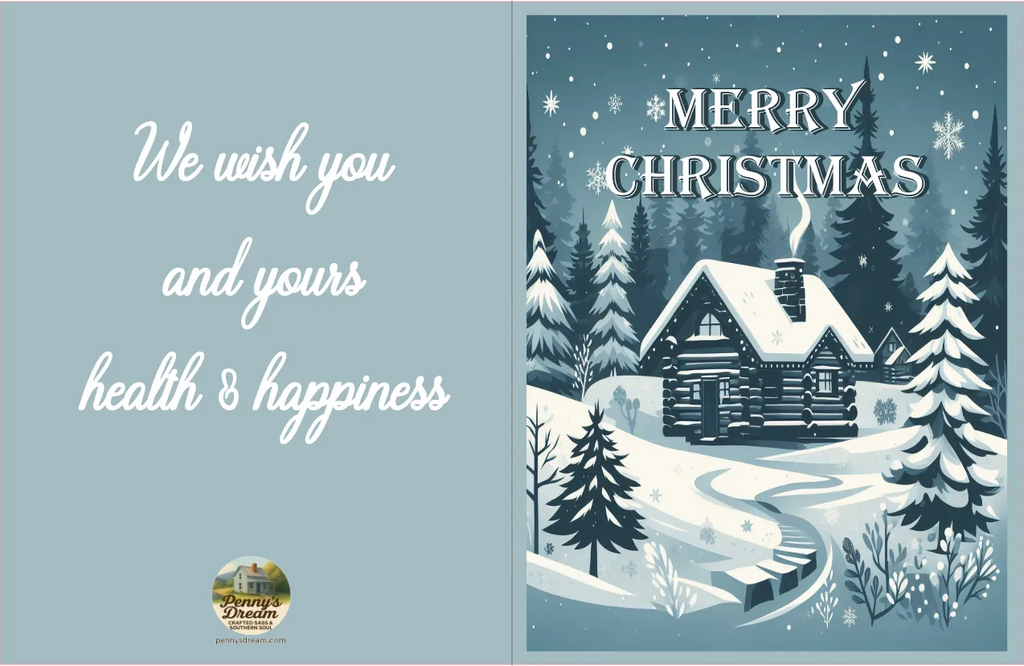 Christmas card with snowy cabin and trees, featuring a blue background and festive text.