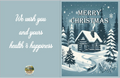 Christmas card with snowy cabin and trees, featuring a blue background and festive text.