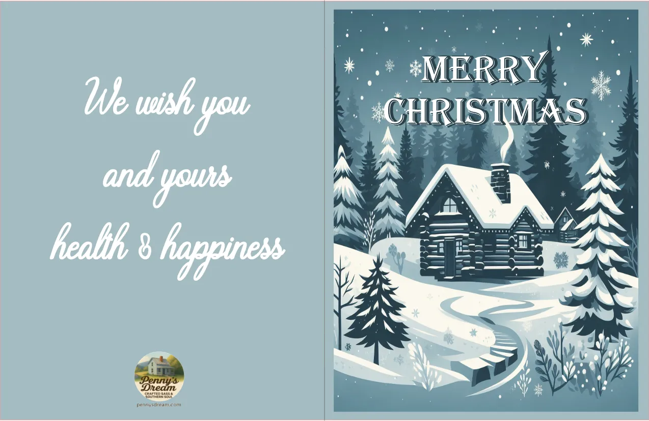 Christmas card with snowy cabin and trees, featuring a blue background and festive text.