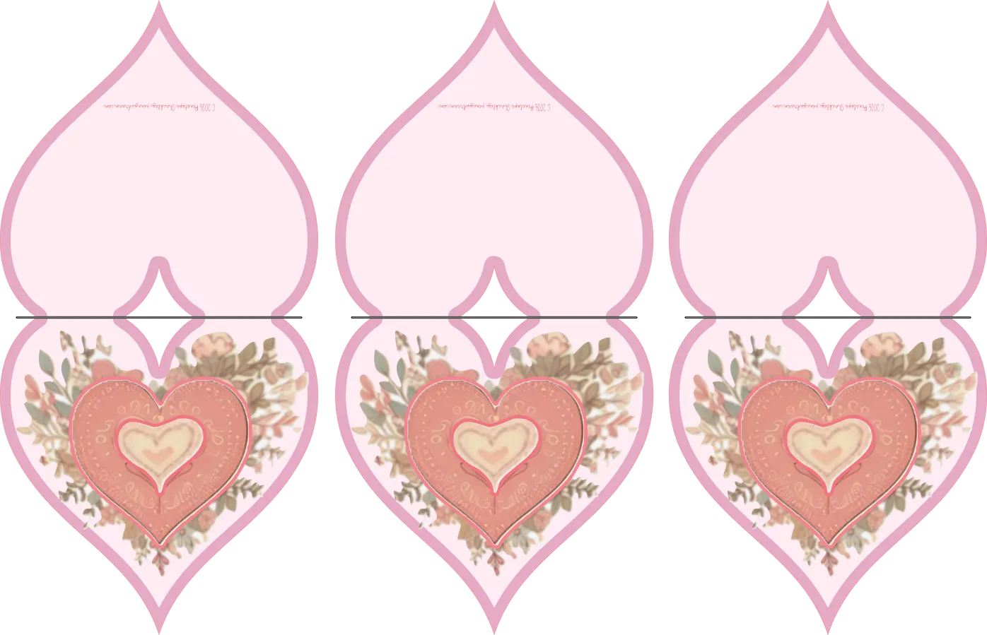 Three decorative heart shapes with floral elements on a white background