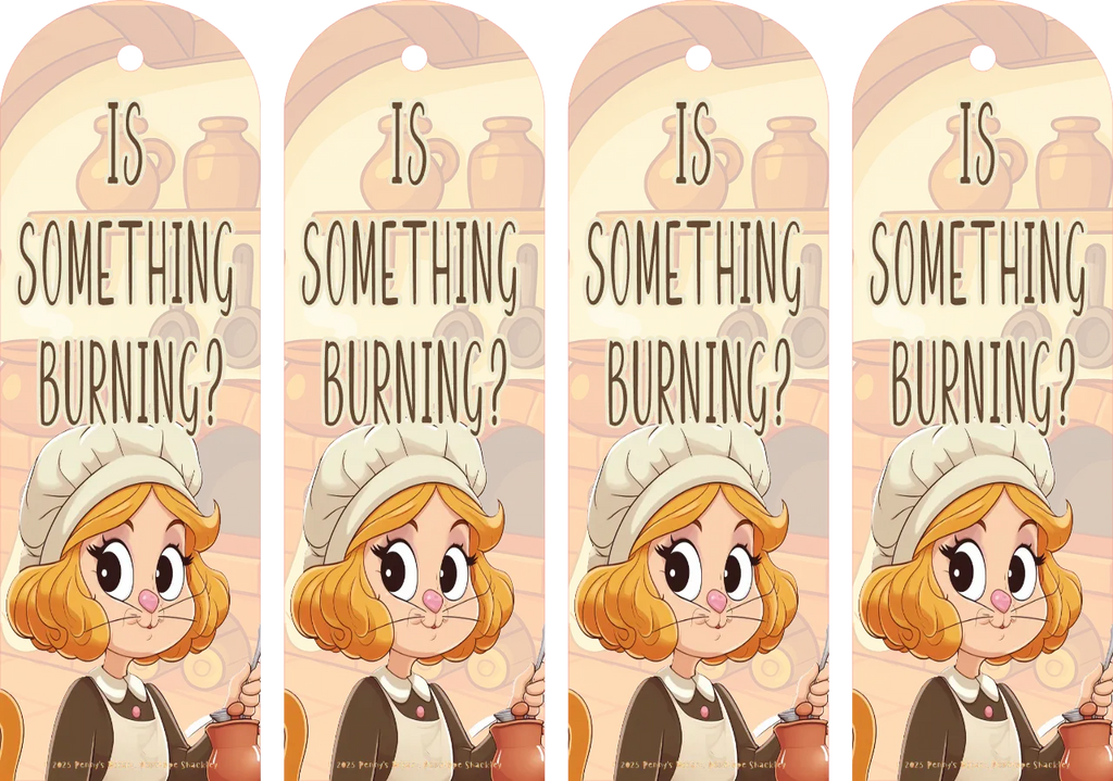 Four identical cartoon bookmarks with a character and text 'Is something burning?' on a patterned background.