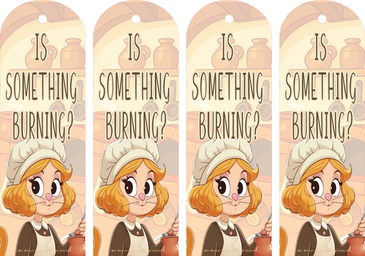 Four identical cartoon bookmarks with a character and text 'Is something burning?' on a patterned background.
