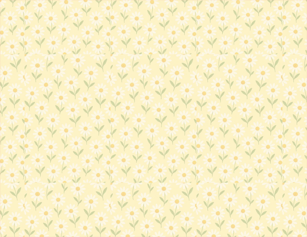 Pattern of small white flowers with green stems on a light yellow background