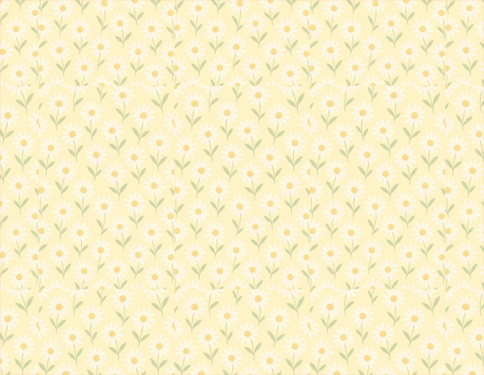 Pattern of small white flowers with green stems on a light yellow background
