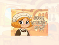 Cartoon character with a kitchen background and text 'I measure with instinct and sass'.