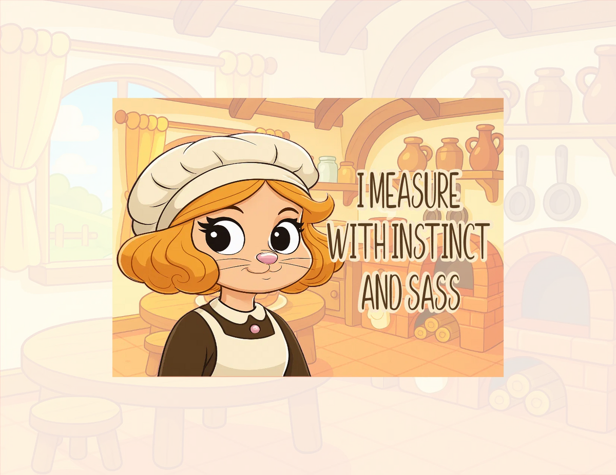 Cartoon character with a kitchen background and text 'I measure with instinct and sass'.