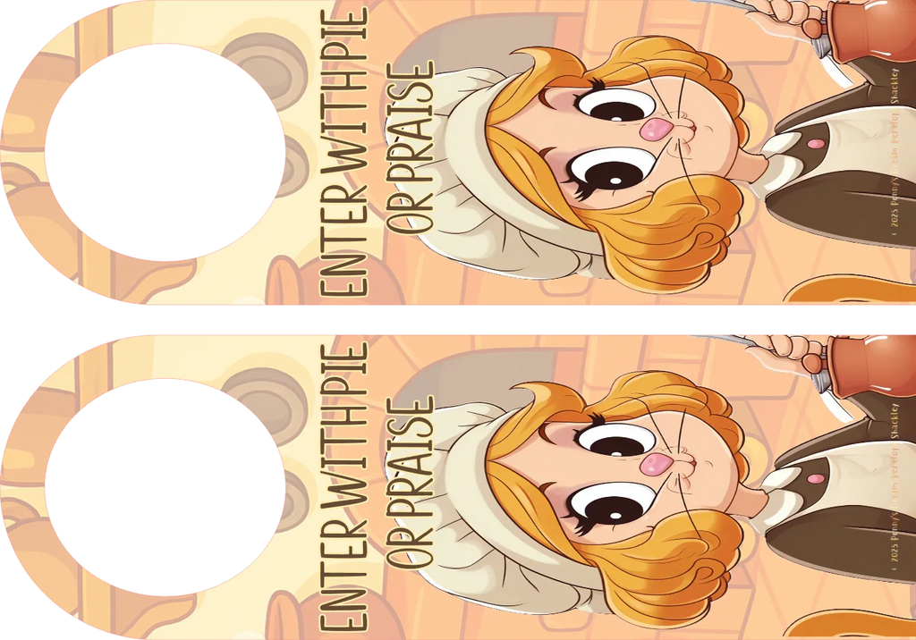 Two door hangers with a cartoon character and text on a peach background