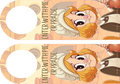 Two door hangers with a cartoon character and text on a peach background