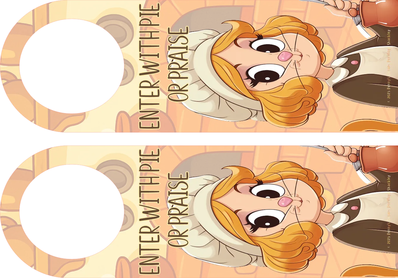 Two door hangers with a cartoon character and text on a peach background