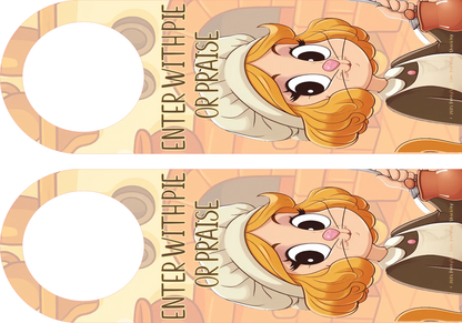 Two door hangers with a cartoon character and text on a peach background