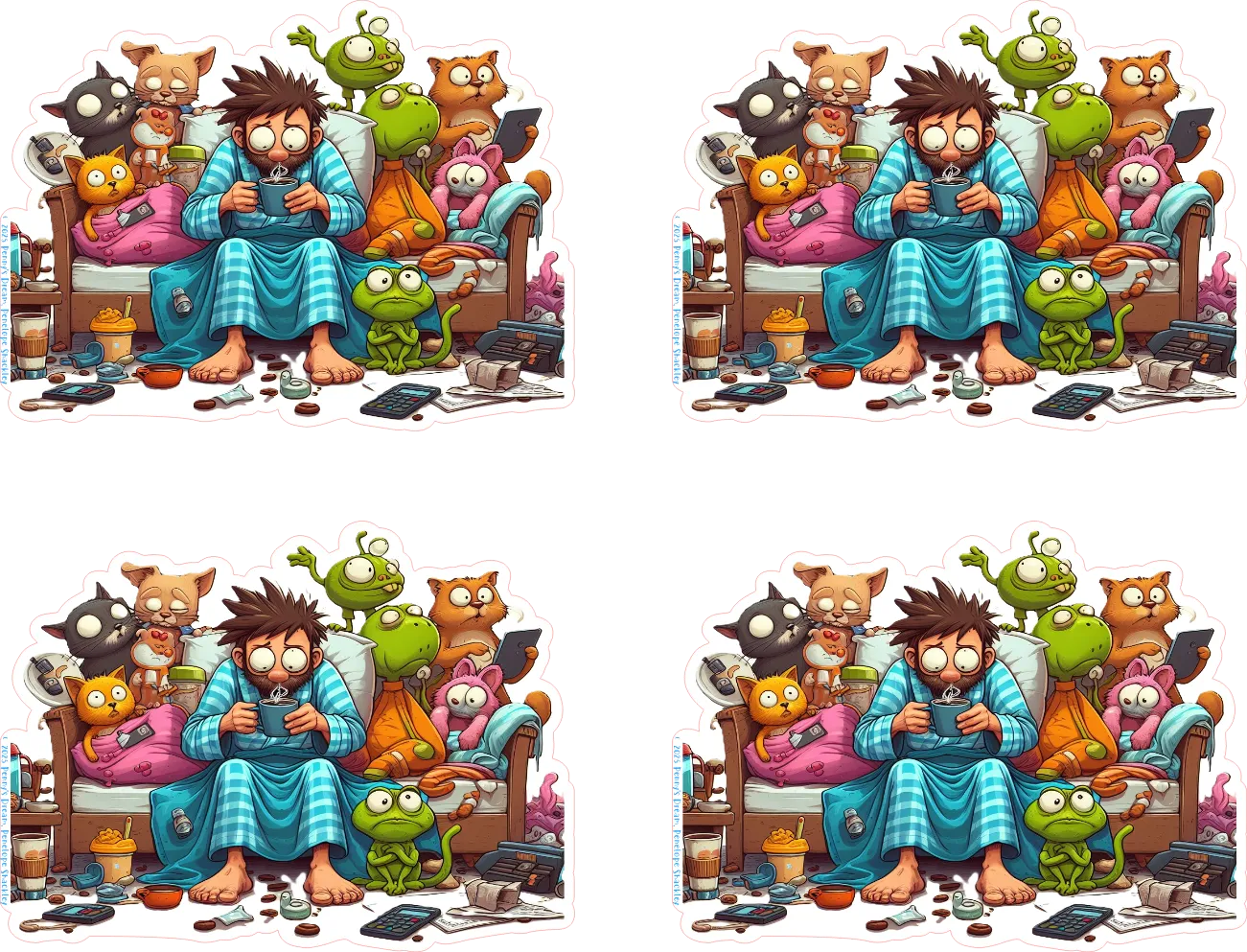 Cartoon character in pajamas surrounded by various animals and objects on a white background.