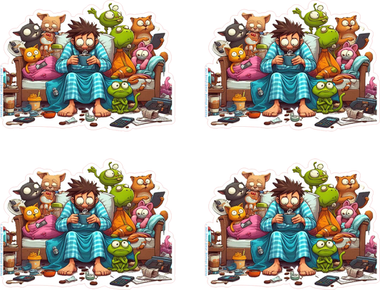 Cartoon character in pajamas surrounded by various animals and objects on a white background.