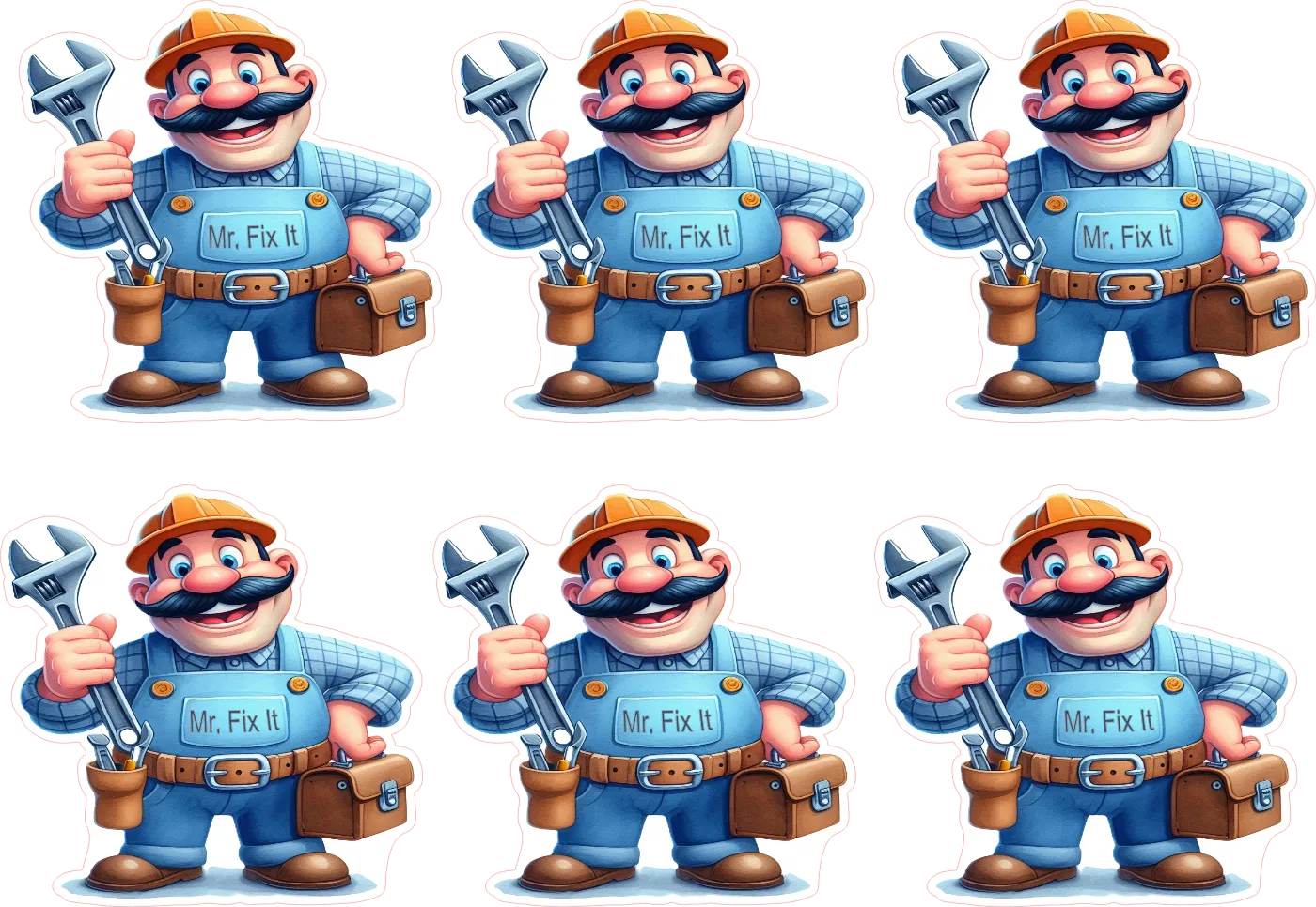 Six instances of a cartoon character named 'Mr. Fix It' holding a wrench.
