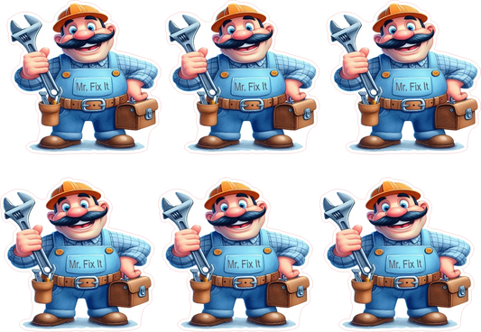 Six instances of a cartoon character named 'Mr. Fix It' holding a wrench.